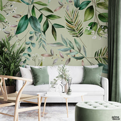 Green Watercolor Tropical Leaves With Light Green Background | Floral Wallpaper Mural - Prime Décor