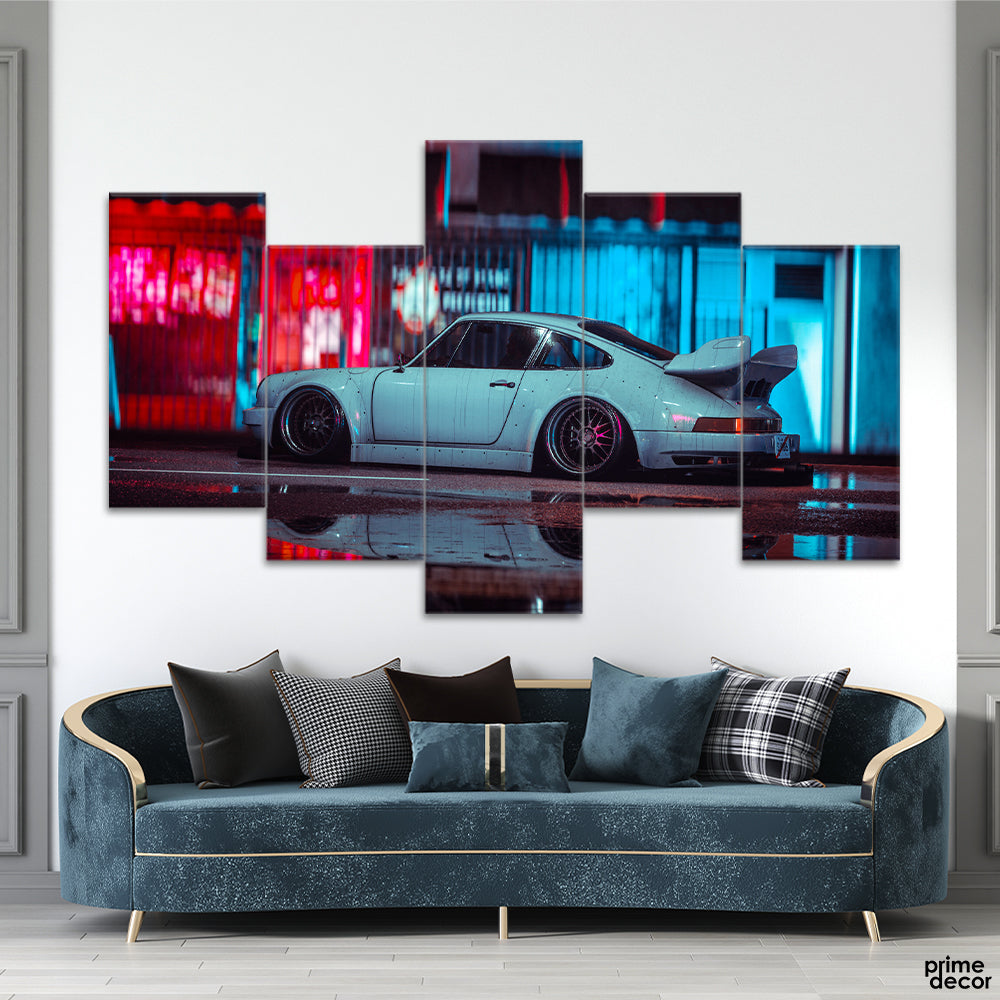 Classic White Racing Car In A Rainy Night (5 Panel) Car Wall Art - Prime Décor