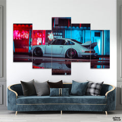 Classic White Racing Car In A Rainy Night (5 Panel) Car Wall Art - Prime Décor