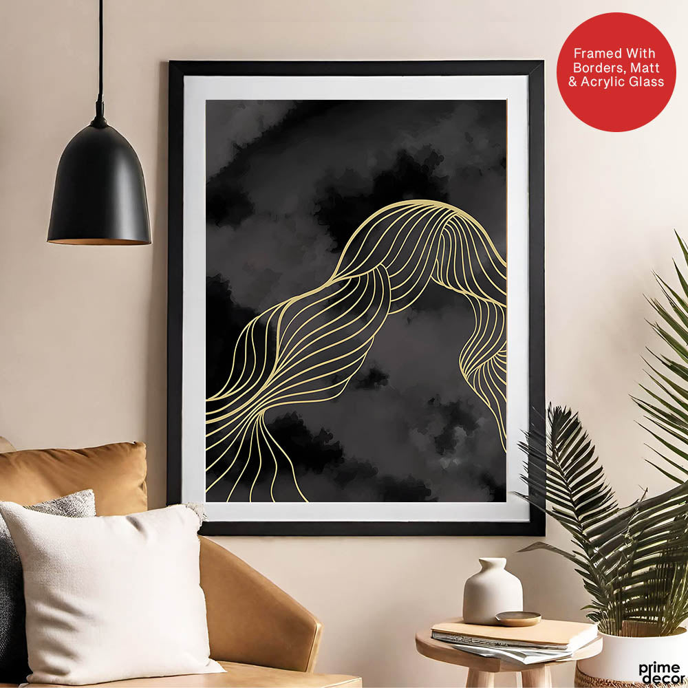 Black & White Background With Golden Lines | Abstract Office Artwork #0019 - Prime Décor