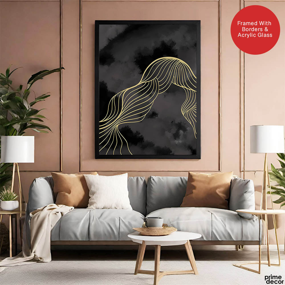 Black & White Background With Golden Lines | Abstract Office Artwork #0019 - Prime Décor
