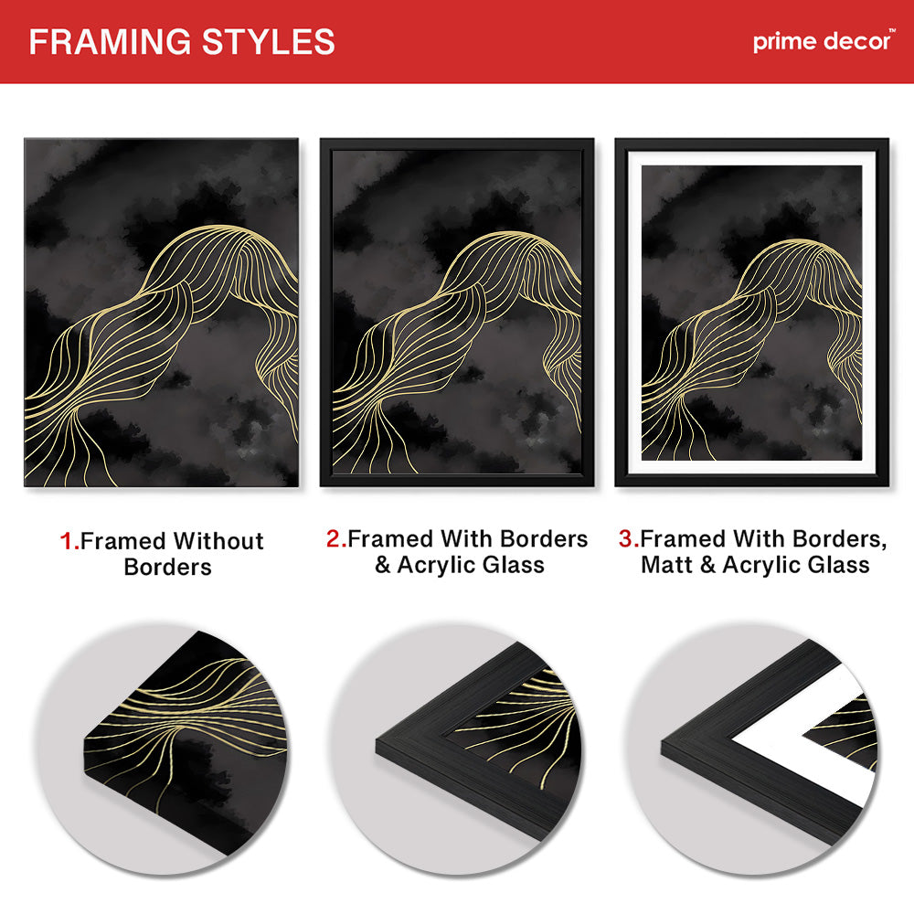 Black & White Background With Golden Lines | Abstract Office Artwork #0019 - Prime Décor