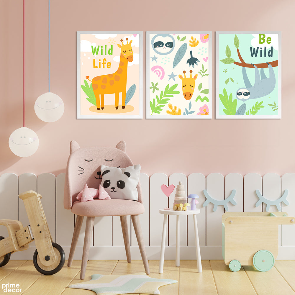 Koala And Giraffe Wild Life (3 Panel) Nursery Wall Art - Prime Décor