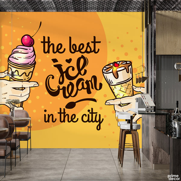 Best Ice Cream In The City Typography With Yellow Artwork | Cafe Wallpaper Mural