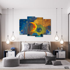 The Golden Wired Moon (4 Panel) Nature Wall Art - Prime Décor