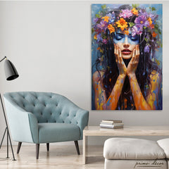 Beautiful Girl With Colorful Flowers (Single Panel) Fashion Wall Art