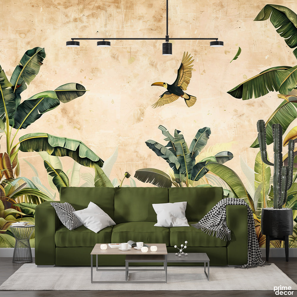 Abstract Green Tropical Leaves Over Brown Background | Floral Wallpaper Mural - Prime Décor