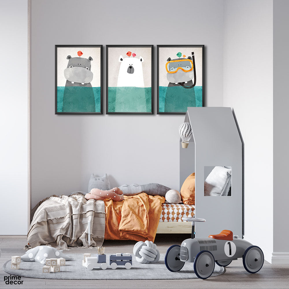 Chilling Hippos & Polar (3 Panel) Nordic Wall Art - Prime Décor