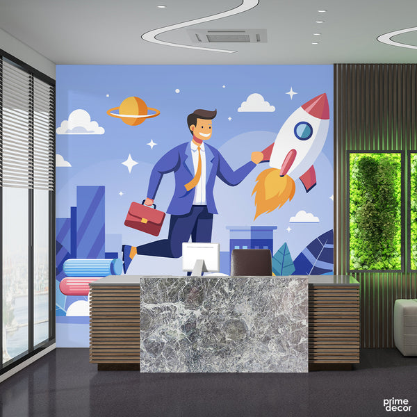 Man In Suit Holding A Briefcase & A Rocket | Office Wallpaper Mural