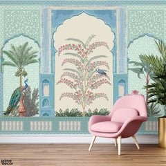 Aesthetic Cultural Mughal Era Style Artwork With Peacocks  | Nature Wallpaper Mural