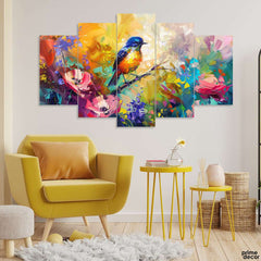 Beautiful Abstract Artwork Of A Bird With Colorful Flowers (5 Panel) Floral Wall Art