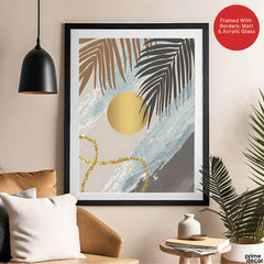 Black & Grey Tropical Leaves Over Gold Moon | Abstract Floral Artwork #00200