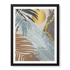 Black & Grey Tropical Leaves Over Gold Moon | Abstract Floral Artwork #00201
