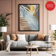 Black & Grey Tropical Leaves Over Gold Moon | Abstract Floral Artwork #00201