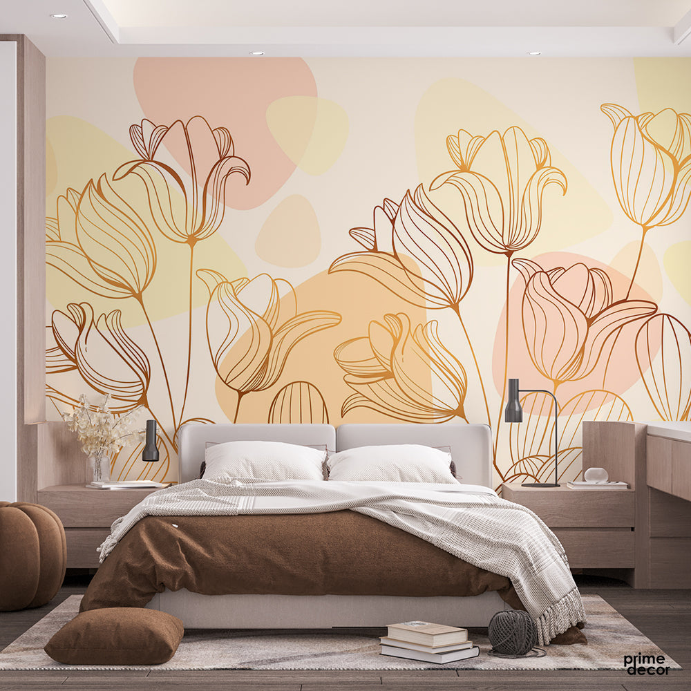 Gradient Golden Linear Floral Background | Wallpaper Mural - Prime Décor