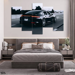 Black Porsche on Road Duotone (5 Panel) Cars Wall Art - Prime Décor