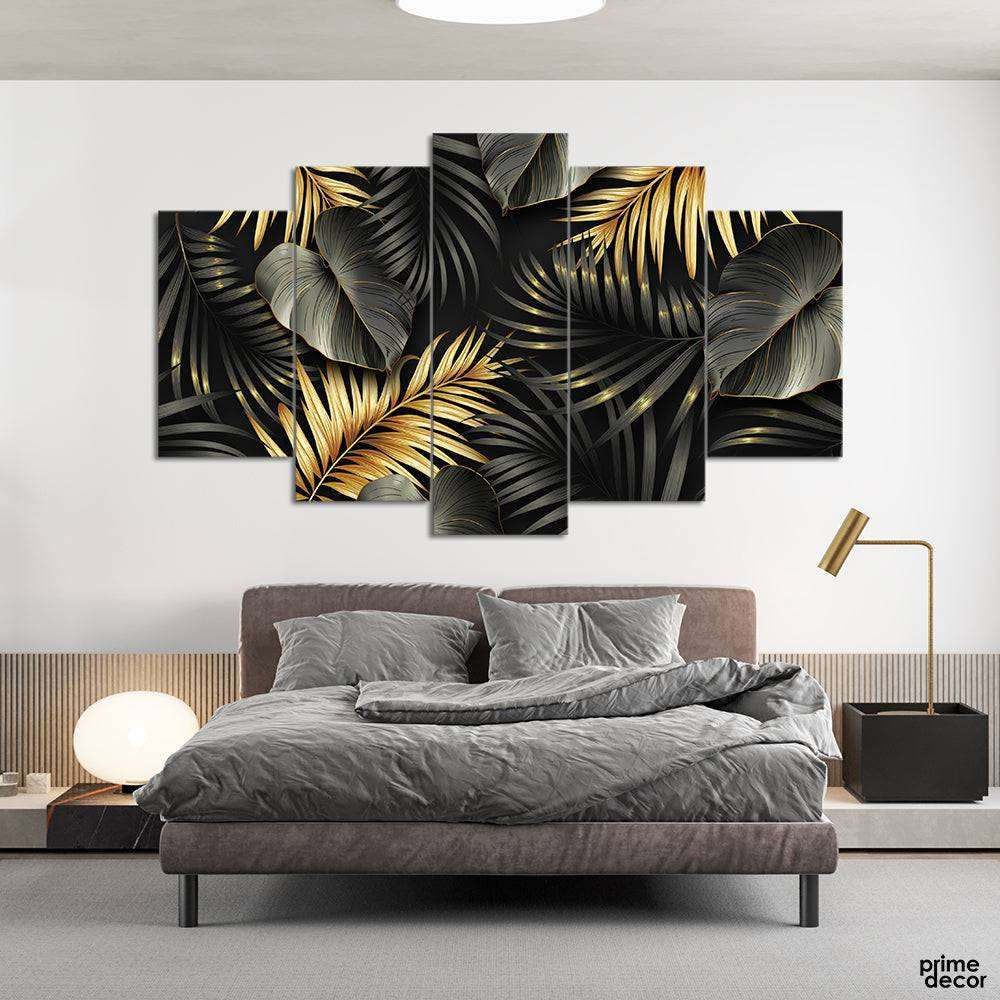 Black & Gold Tropical Leaves (5 Panel) Floral Wall Art - Prime Décor