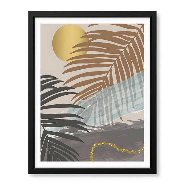 Black & Grey Tropical Leaves Over Gold Moon | Abstract Floral Artwork #00202