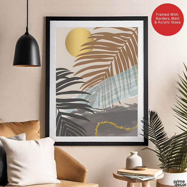 Black & Grey Tropical Leaves Over Gold Moon | Abstract Floral Artwork #00202