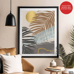 Black & Grey Tropical Leaves Over Gold Moon | Abstract Floral Artwork #00202