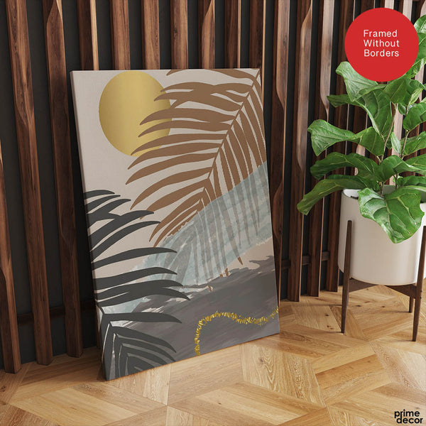 Black & Grey Tropical Leaves Over Gold Moon | Abstract Floral Artwork #00202