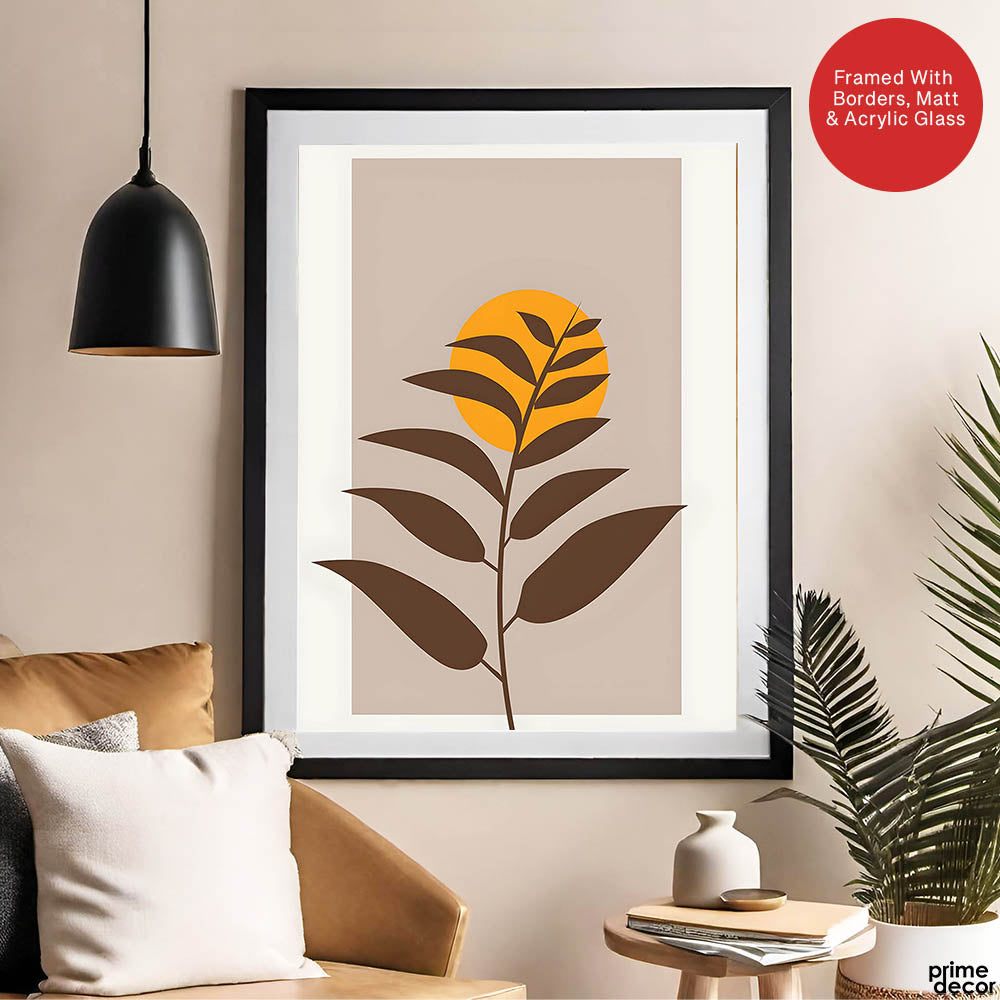 Beautiful Brown Tropical Leaves Over Gold Sun  | Abstract Floral Artwork #00204 - Prime Décor