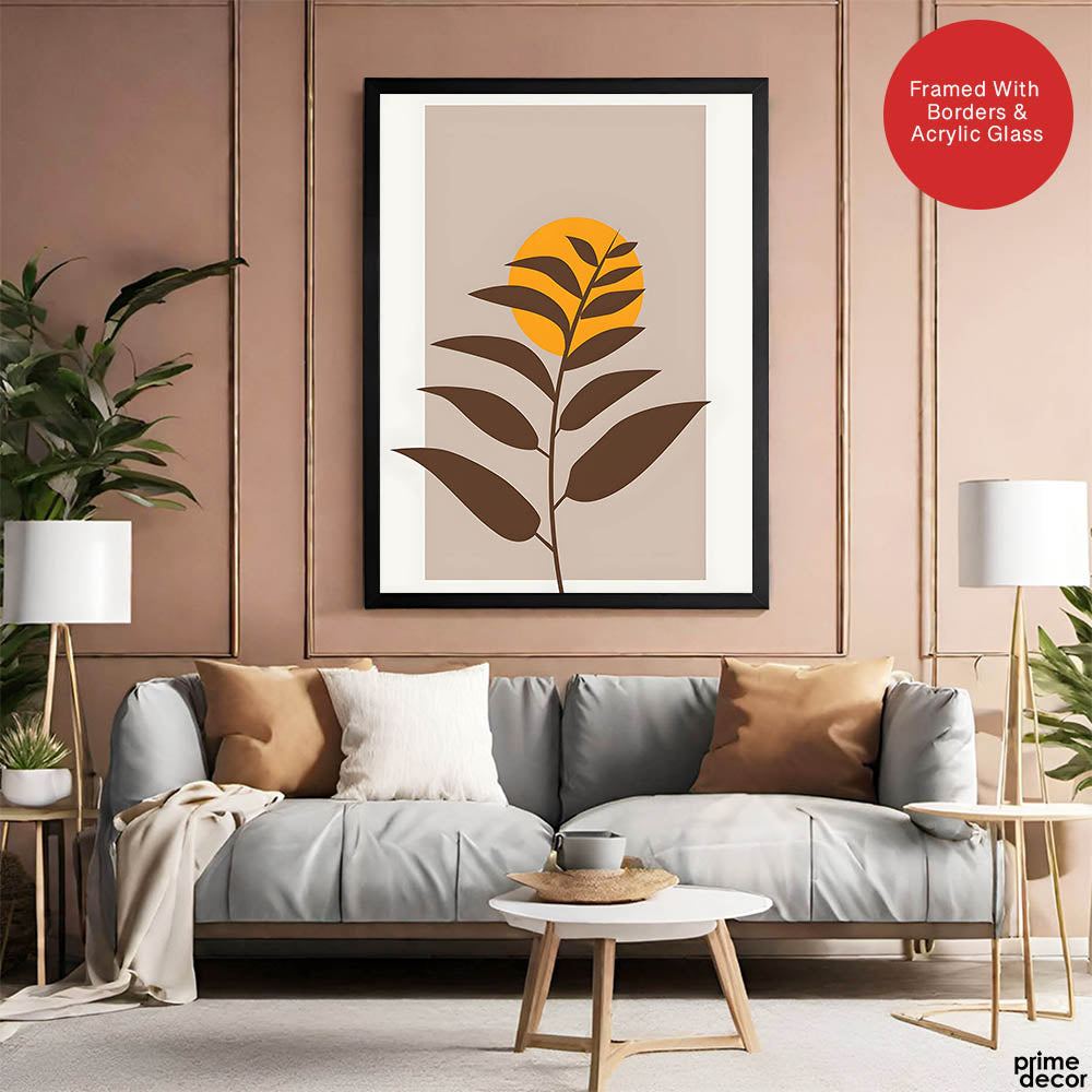 Beautiful Brown Tropical Leaves Over Gold Sun  | Abstract Floral Artwork #00204 - Prime Décor