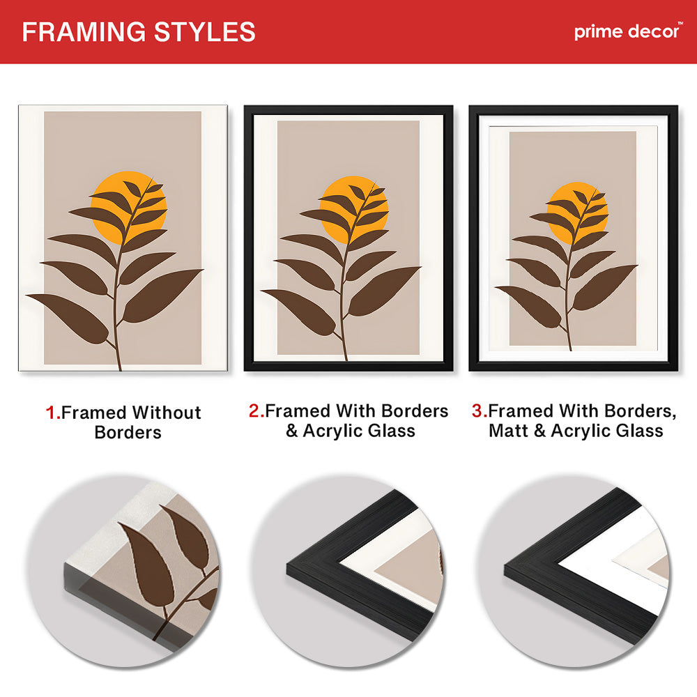 Beautiful Brown Tropical Leaves Over Gold Sun  | Abstract Floral Artwork #00204 - Prime Décor