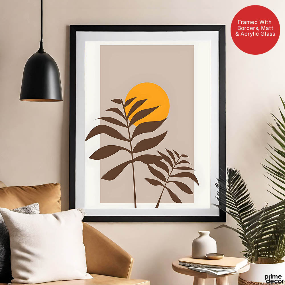 Beautiful Brown Tropical Leaves Over Gold Sun  | Abstract Floral Artwork #00205 - Prime Décor