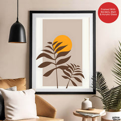 Beautiful Brown Tropical Leaves Over Gold Sun  | Abstract Floral Artwork #00205 - Prime Décor