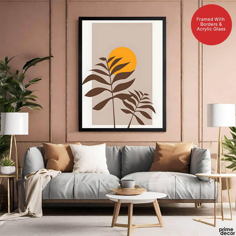 Beautiful Brown Tropical Leaves Over Gold Sun  | Abstract Floral Artwork #00205 - Prime Décor