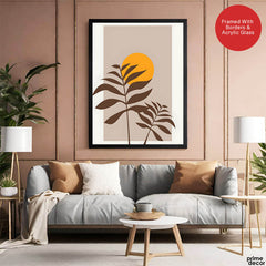 Beautiful Brown Tropical Leaves Over Gold Sun  | Abstract Floral Artwork #00205 - Prime Décor