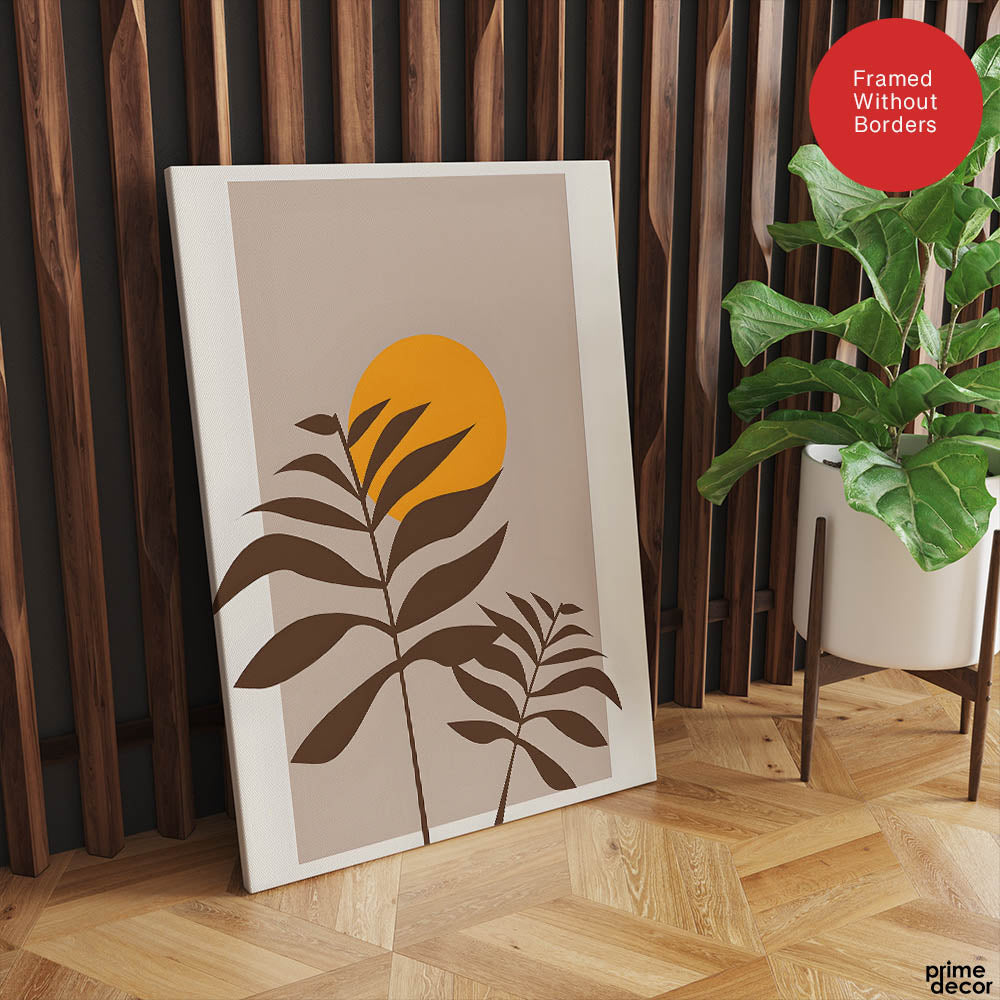 Beautiful Brown Tropical Leaves Over Gold Sun  | Abstract Floral Artwork #00205 - Prime Décor