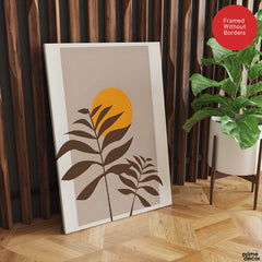 Beautiful Brown Tropical Leaves Over Gold Sun  | Abstract Floral Artwork #00205 - Prime Décor