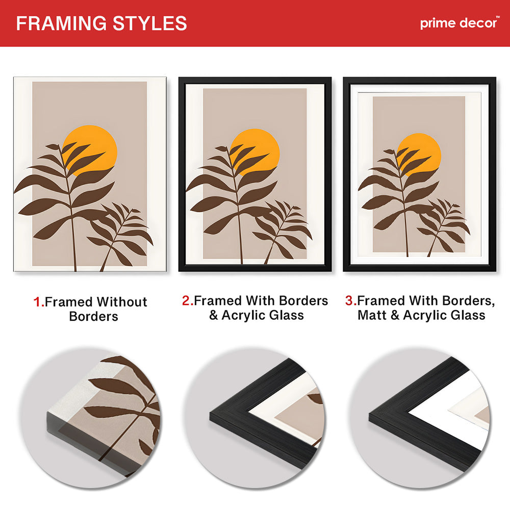 Beautiful Brown Tropical Leaves Over Gold Sun  | Abstract Floral Artwork #00205 - Prime Décor