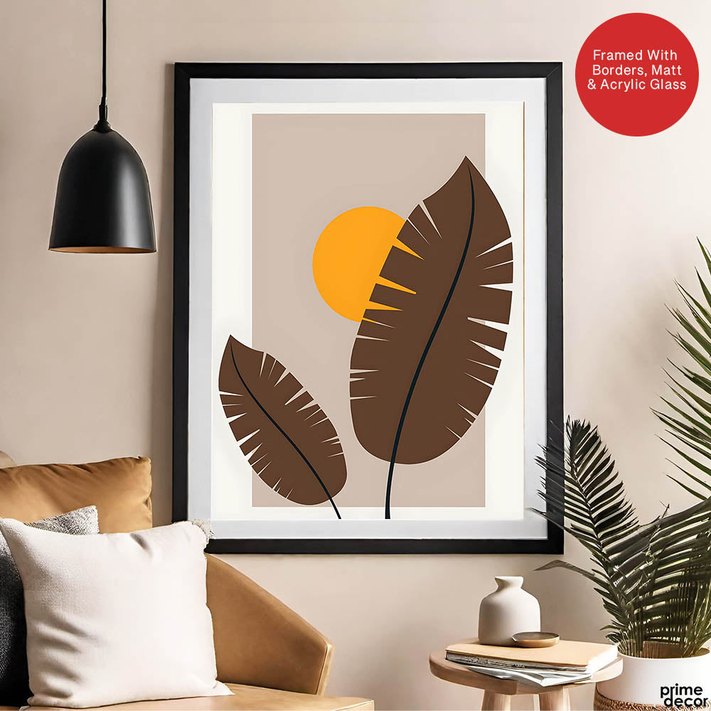 Beautiful Brown Tropical Leaves Over Gold Sun  | Abstract Floral Artwork #00206 - Prime Décor