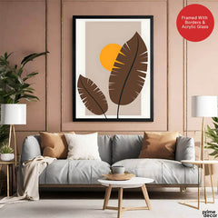 Beautiful Brown Tropical Leaves Over Gold Sun  | Abstract Floral Artwork #00206 - Prime Décor