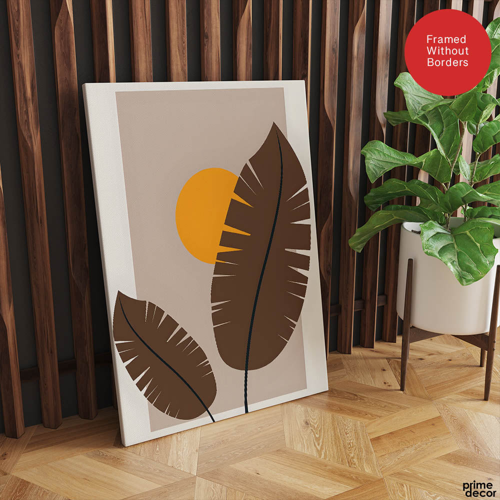 Beautiful Brown Tropical Leaves Over Gold Sun  | Abstract Floral Artwork #00206 - Prime Décor