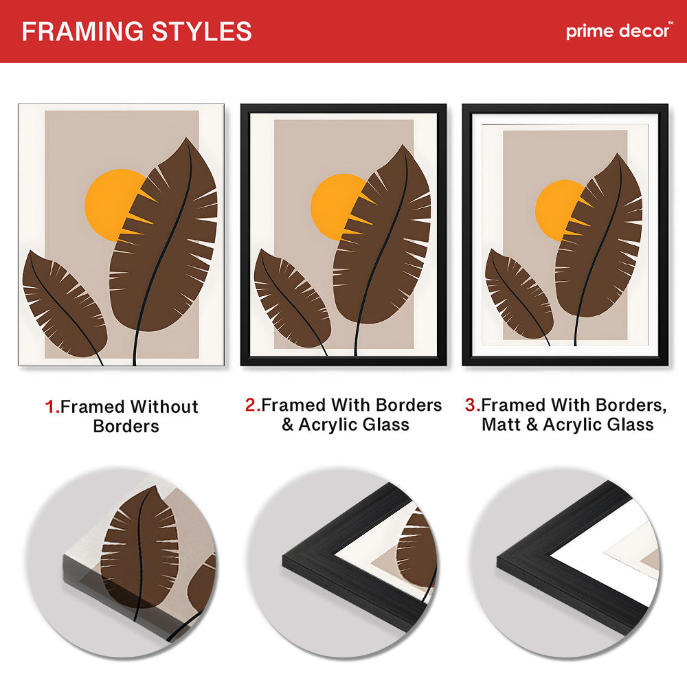 Beautiful Brown Tropical Leaves Over Gold Sun  | Abstract Floral Artwork #00206 - Prime Décor