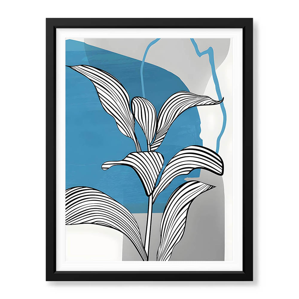 Black & White Tropical Leaves Over Blue & Grey Background  | Abstract Floral Artwork #00207 - Prime Décor