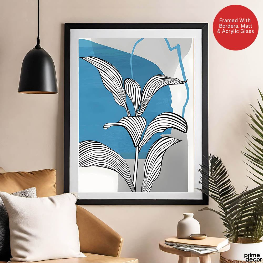 Black & White Tropical Leaves Over Blue & Grey Background  | Abstract Floral Artwork #00207 - Prime Décor