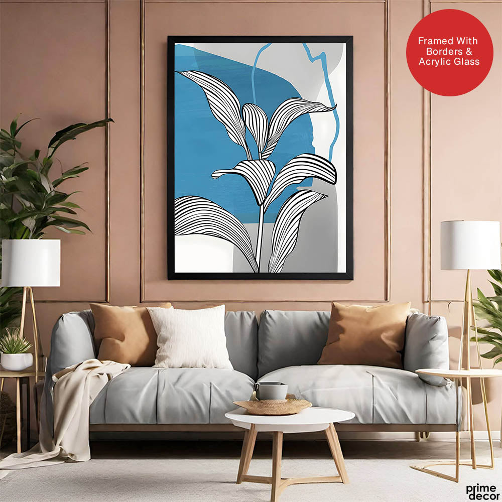 Black & White Tropical Leaves Over Blue & Grey Background  | Abstract Floral Artwork #00207 - Prime Décor