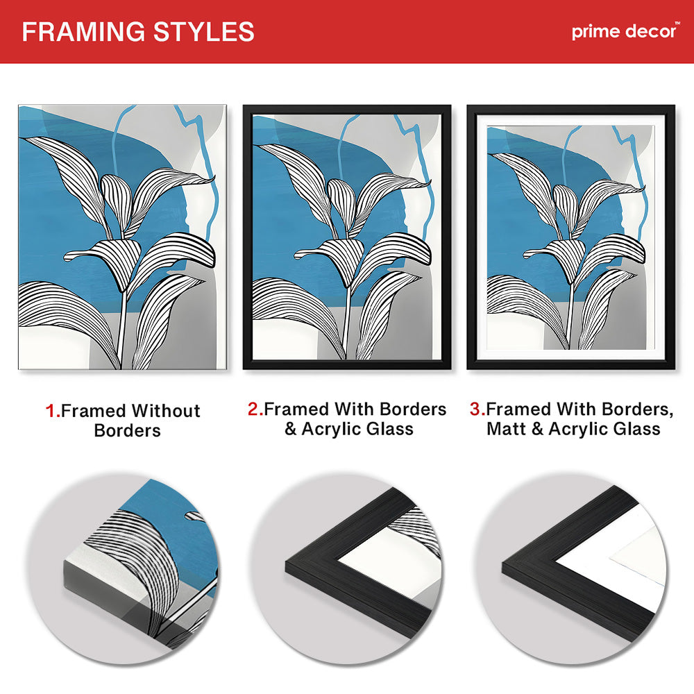 Black & White Tropical Leaves Over Blue & Grey Background  | Abstract Floral Artwork #00207 - Prime Décor