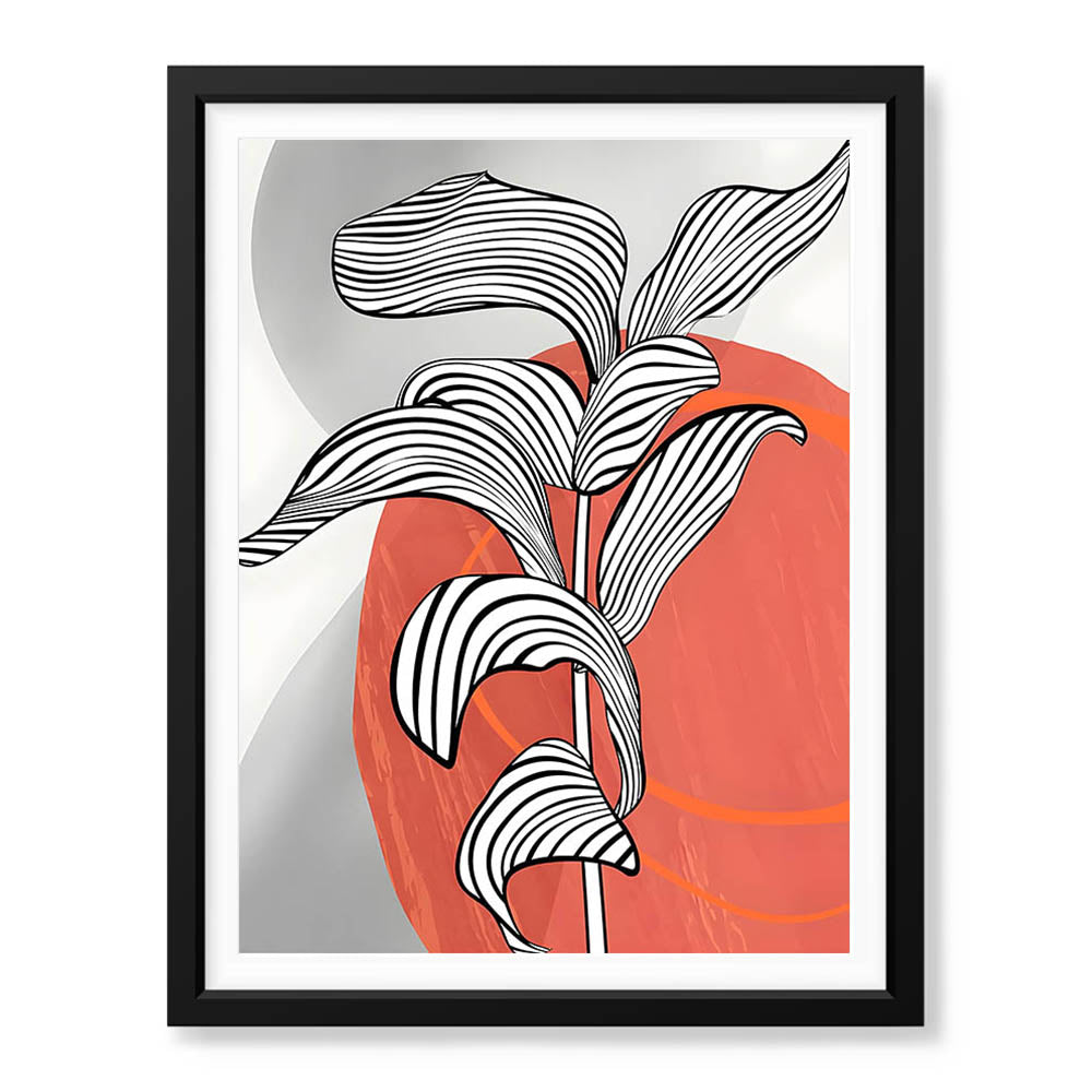 Black & White Tropical Leaves Over Orange & Grey Background  | Abstract Floral Artwork #00208 - Prime Décor
