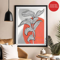 Black & White Tropical Leaves Over Orange & Grey Background  | Abstract Floral Artwork #00208 - Prime Décor