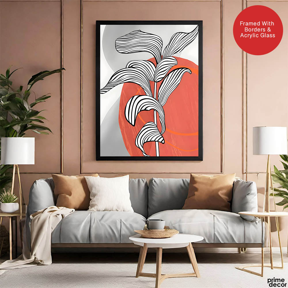 Black & White Tropical Leaves Over Orange & Grey Background  | Abstract Floral Artwork #00208 - Prime Décor