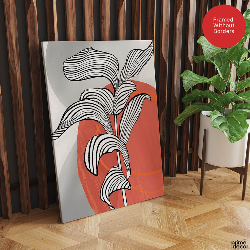 Black & White Tropical Leaves Over Orange & Grey Background  | Abstract Floral Artwork #00208 - Prime Décor