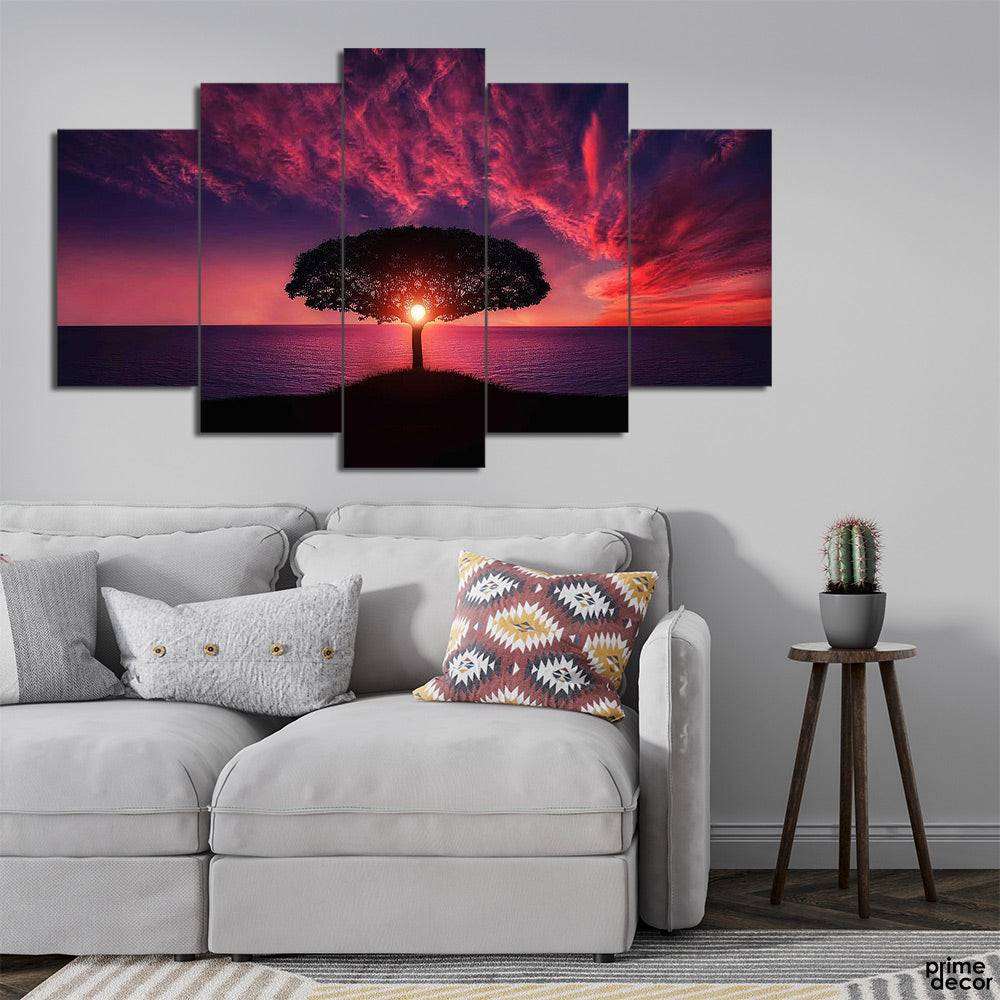 Beautiful Sunset in the Middle of Tree (5 Panel) | Nature Wall Art - Prime Décor