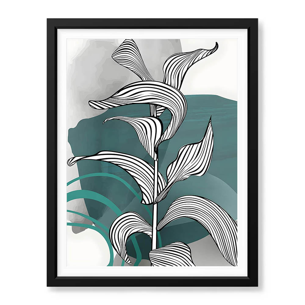 Black & White Tropical Leaves Over Green & Grey Background  | Abstract Floral Artwork #00209 - Prime Décor