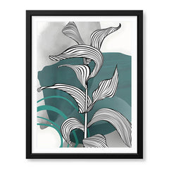 Black & White Tropical Leaves Over Green & Grey Background  | Abstract Floral Artwork #00209 - Prime Décor